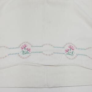 Vtg Hand Embroidered Pink Flower Floral Border Cotton Pillowcase Single Standard